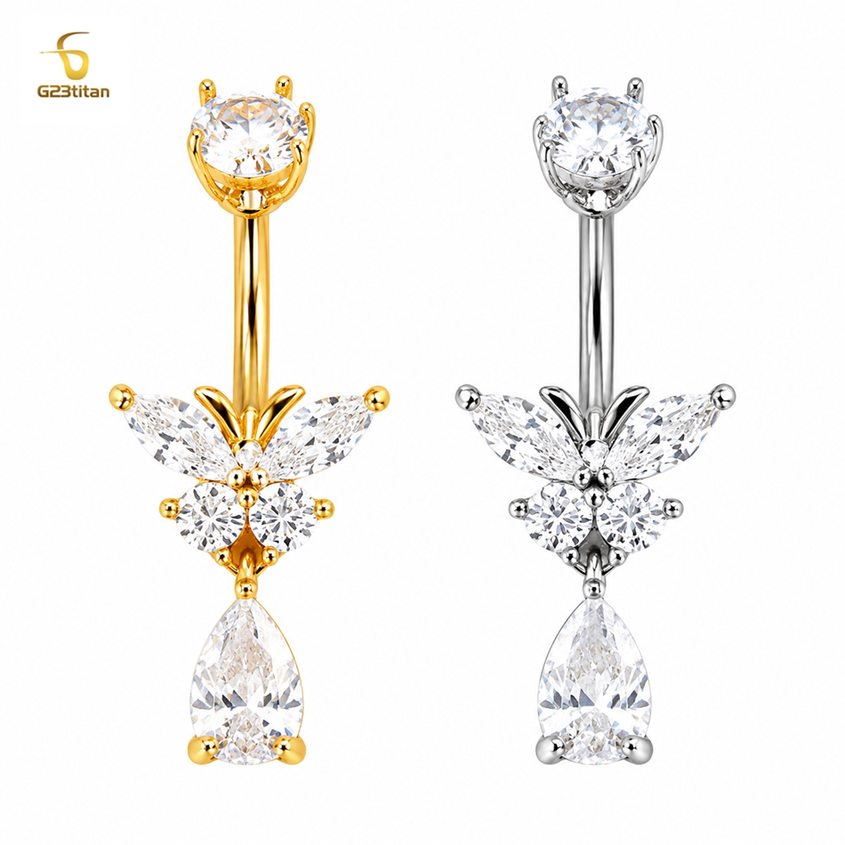 Belly Bar Titanium - Crystal Butterfly Navel Rings Dangling Water