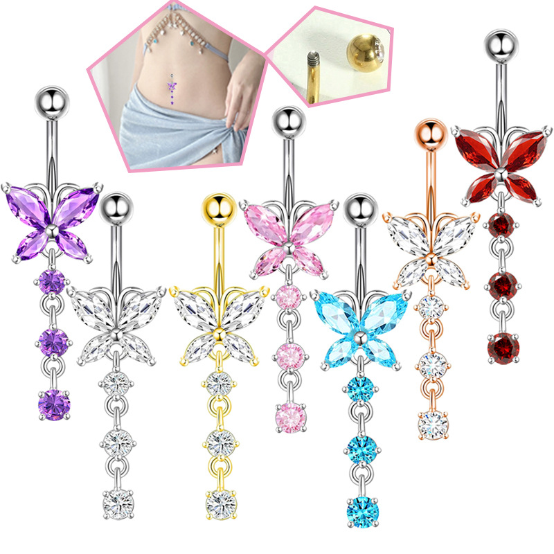 Body Jewelry Piercing - 14GA Golden Butterfly with Dangling Flower