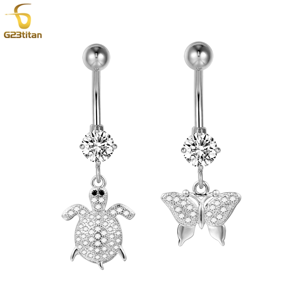 Belly Bar Titanium - Silver Color CZ Crystal Dangle Belly
